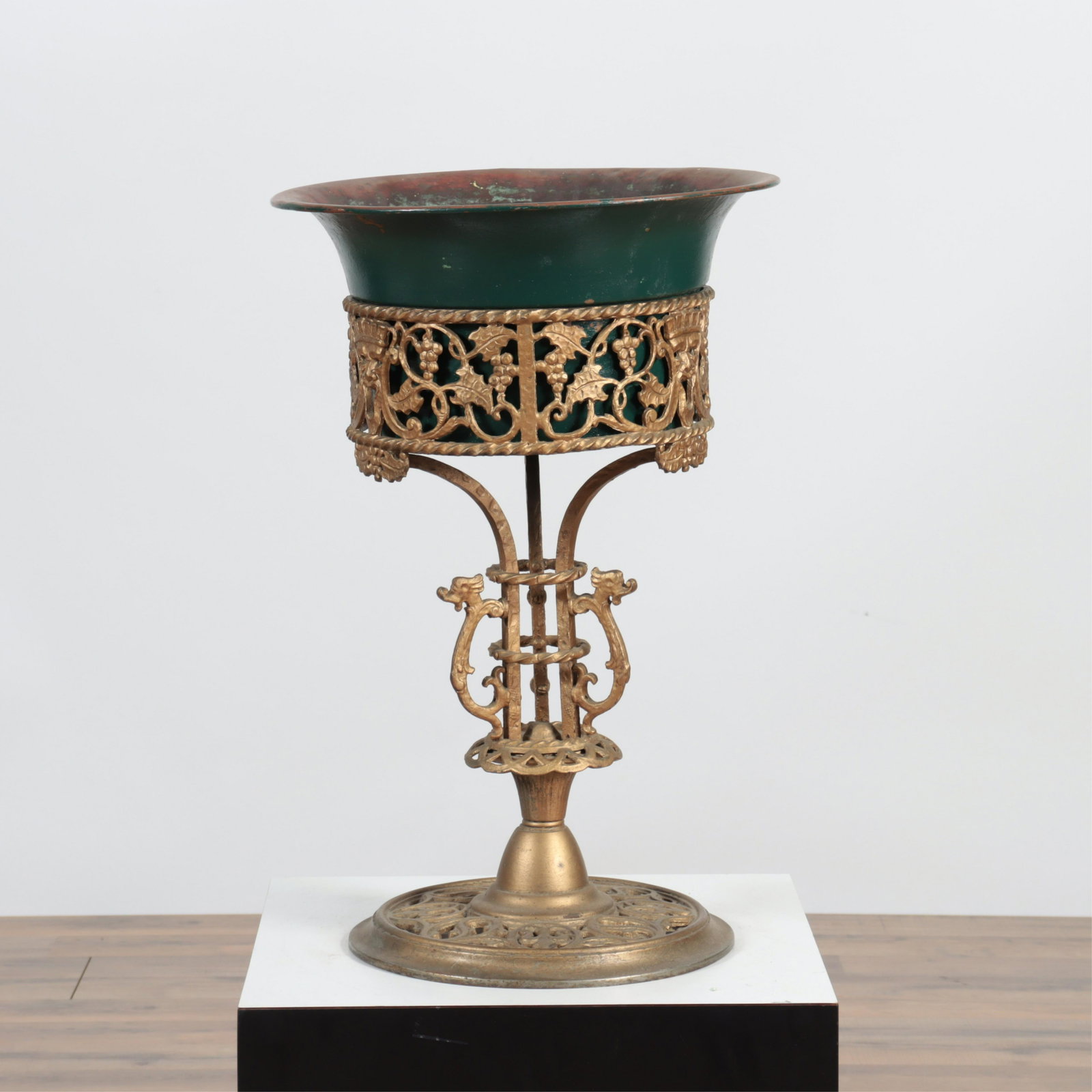 Renaissance Revival Gold Patinated Jardiniere: Renaissance Revival Gold Patinated Cast Metal Jardiniere Dimensions: 21" H x 13.75" diam Property from the personal collection of Seymour Stein.