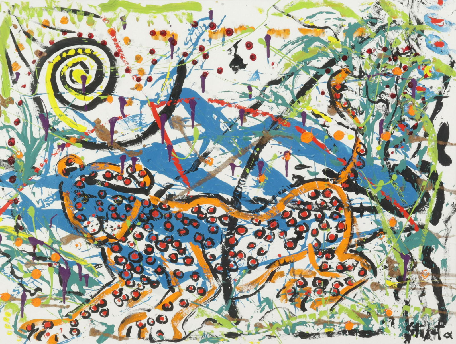 After Antonio Saura - acrylic on paper: After Antonia Saura, Leopard, acrylic on paper, signed lower right, possibly Stuarta?, laid onto foam board Dimensions: Sight 17 1/2 x 23 1/2, framed 23 1/4 x29 Property from the Art Collection of Dav