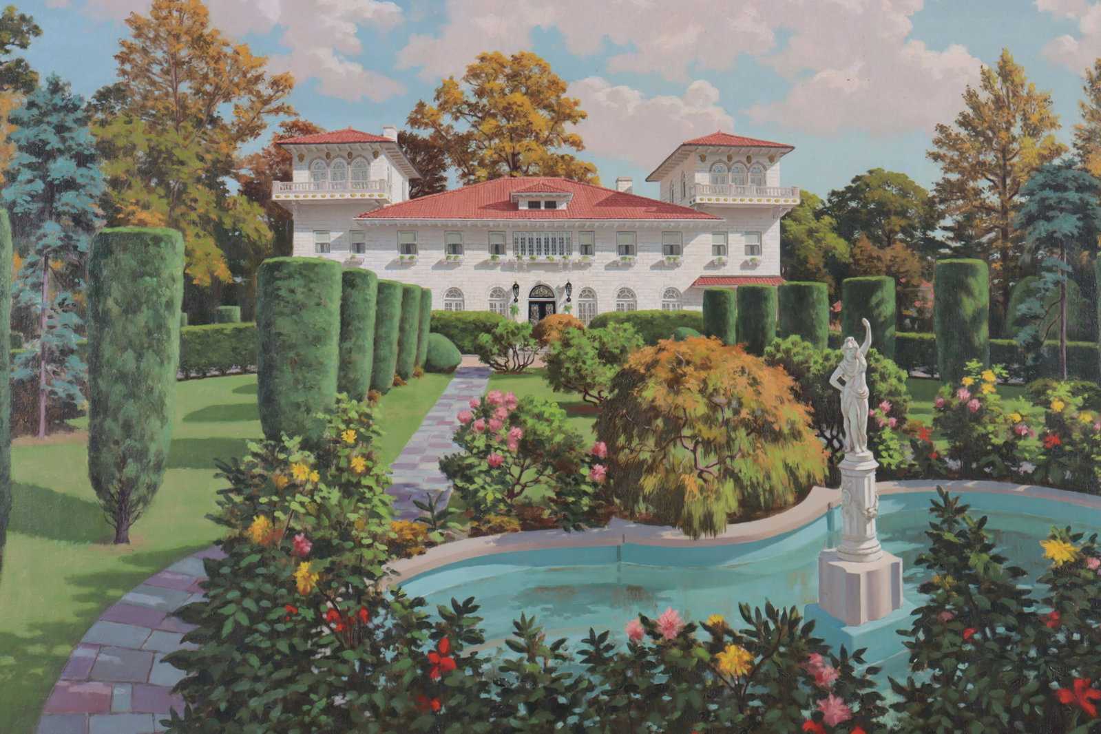Cinderella - House and Garden, O/C: Cinderella - House and Garden, Oil on Canvas, dated 86, signed lower right Dimensions: Sight 29.5" H x 43.5" W, Framed 37.5" H x 51.5" W