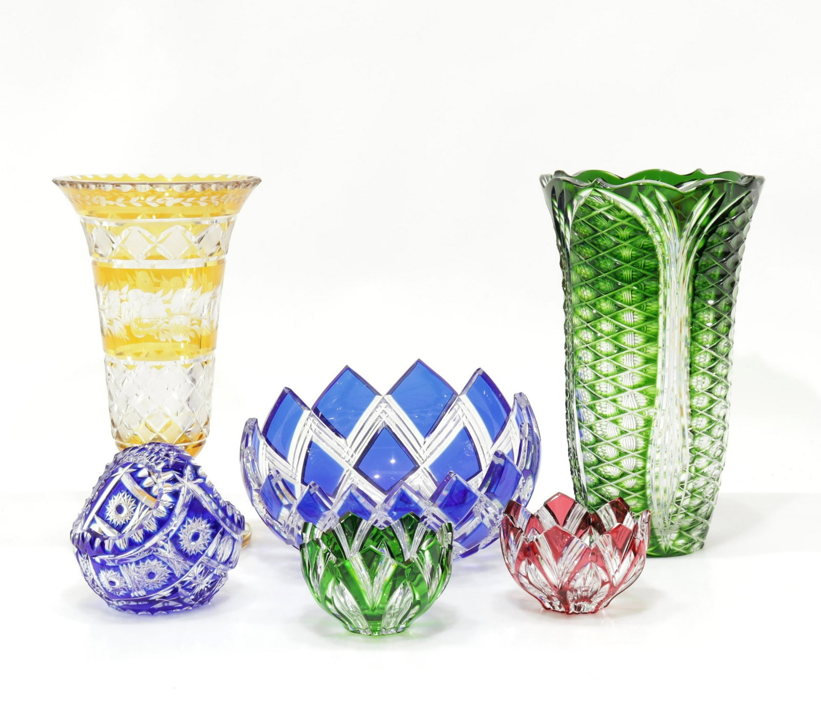 Bohemian & Czech Glass Vases and Bowls: 6 Bohemian & Czech Glass Vases & Bowls Dimensions: Largest 12.25" H Property from a Larchmont Estate.