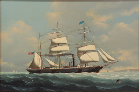 Salvatore Colacicco - SUSANNAH - O/B: Salvatore Colacicco, Italian, b.1935, Steam and Sail Ship SUSANNAH entering Boston Harbour, oil on board, signed lower left, verso titled Dimensions: 20 x 30, framed 23 x 33