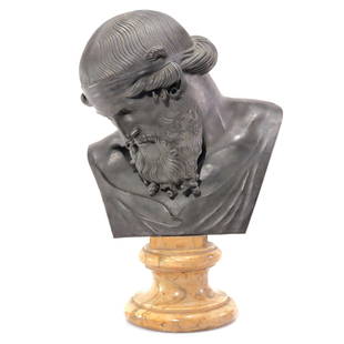 Grand Tour Bronze Bust of Plato or Dionysus: Grand Tour Bronze Bust of Plato or Dionysus, labeled Masco di Napoli executed by Sabatino de Angelis approved by Ginlo De Petra Dimensions: 27' H Property from the estate of an esteemed archaeologist