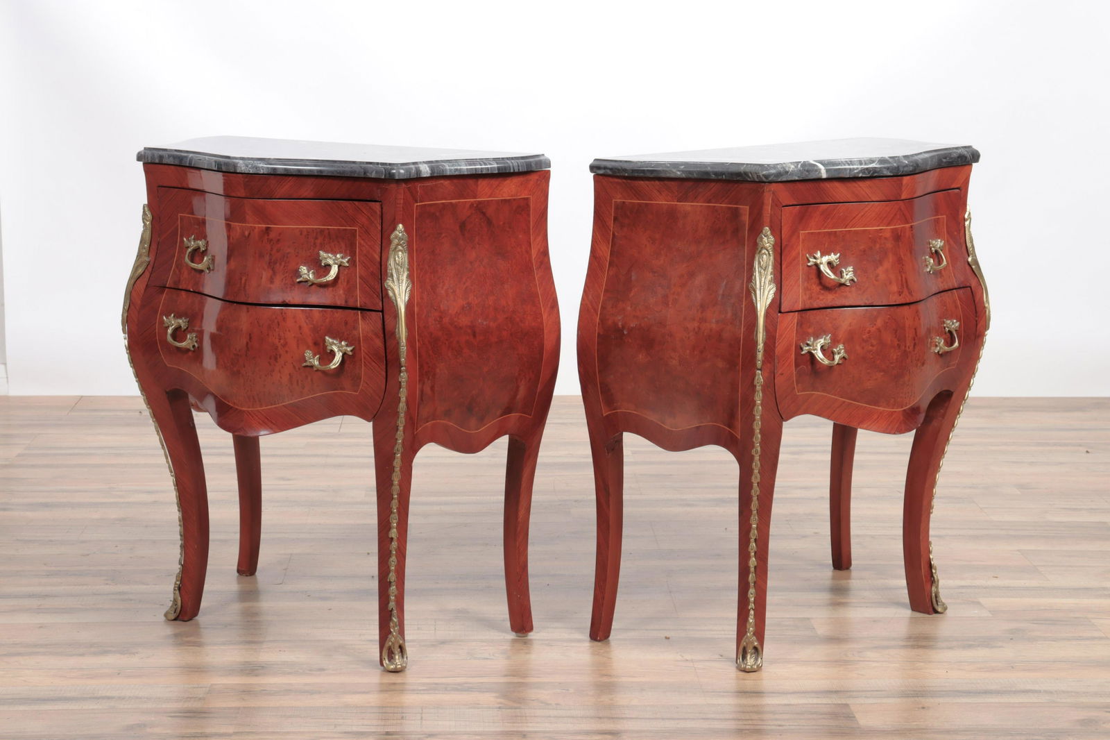 Pair of Louis XIV Style Commodes: Pair of Wood and Marble Louis XIV Style Commodes Dimensions: 30.5"H x 25"W x 13"D Property from a Connecticut collection.