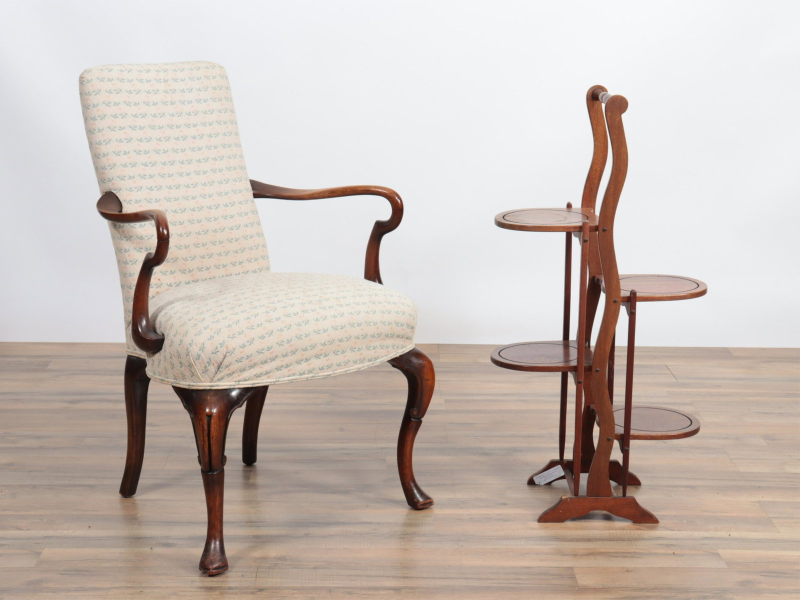 Queen Anne Style Armchair & Serving Stand: Queen Anne Style Armchair & Serving Stand, the chair upholstered in light green brocade Dimensions: 35.5" H x 24" W x 25" D
