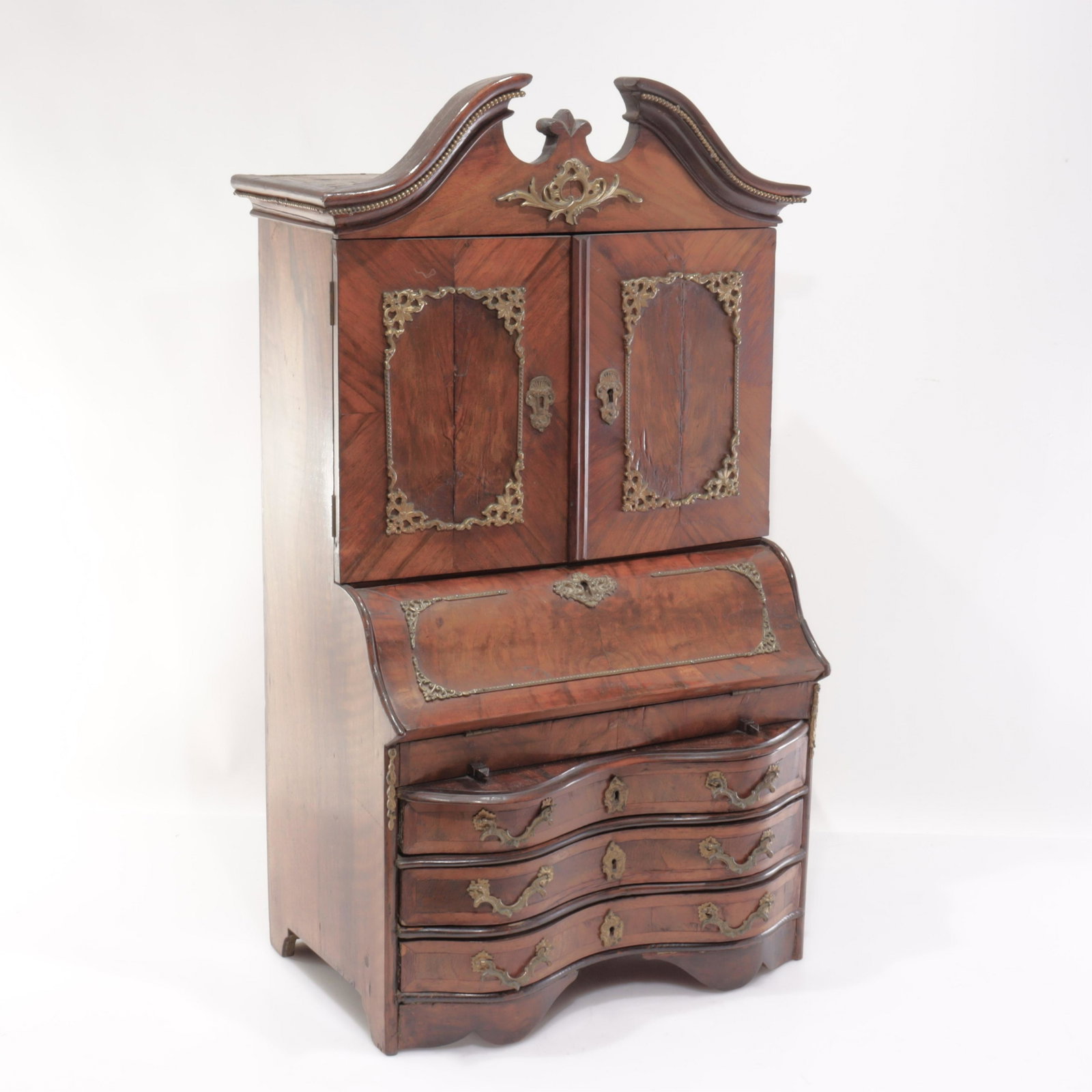German Baroque Style Miniature Bureau, 19th C.: German Baroque Style Brass & Walnut Miniature Bureau, 19th C. Dimensions: 29" H x 17.25" W x 11" D Property from the estate of an esteemed archaeologist and scholar, Princeton, NJ.