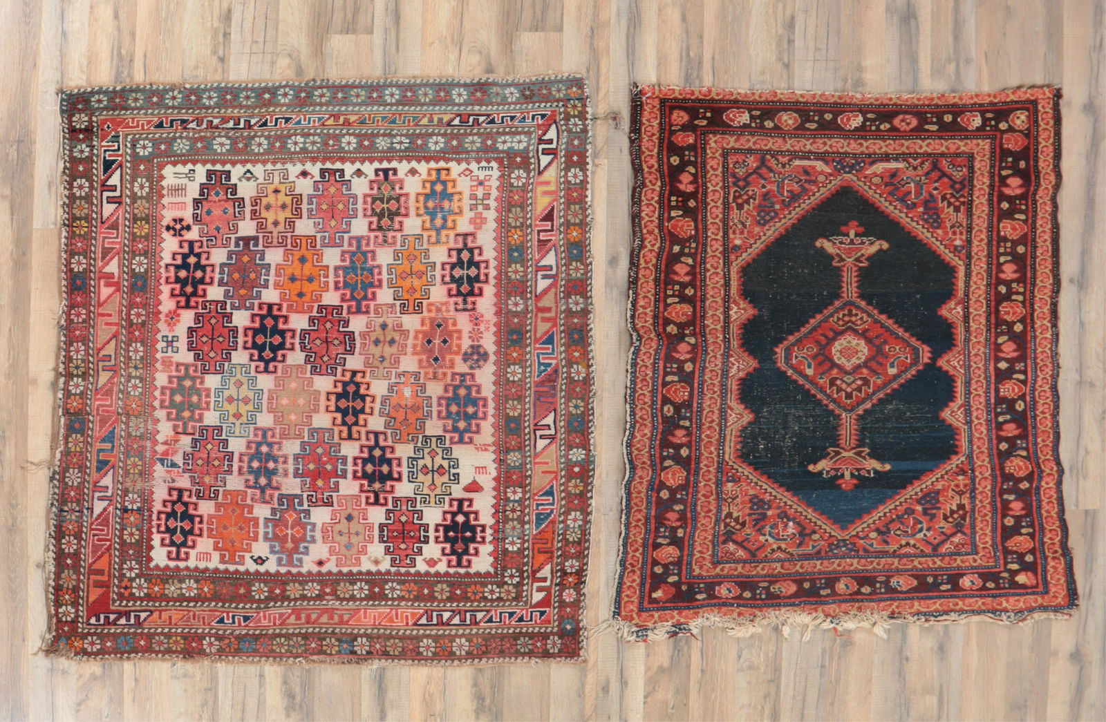 Cabistan-Mayaler Rugs 3-8 x 4-4 and 2-6 x 4-2: Cabistan wool rug, field with off white ground and multi colored blue, orange,rust,lime green geometric form repeats border with 3 rows of both floral and geometric forms along with a Malayer wool rug