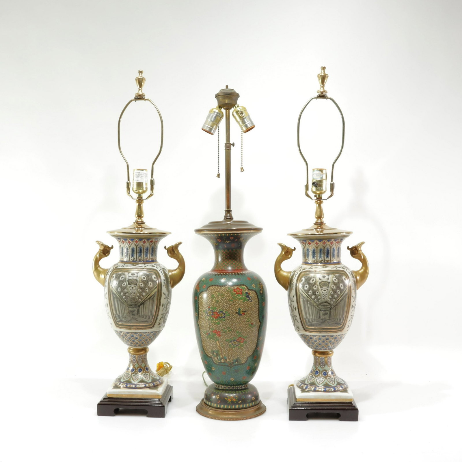 Classical Style & Chinese Lamps: Pair Classical Style Gilt Porcelain Lamps & Chinese Lamp Dimensions: To the finial 31" H Property from a Larchmont Estate.