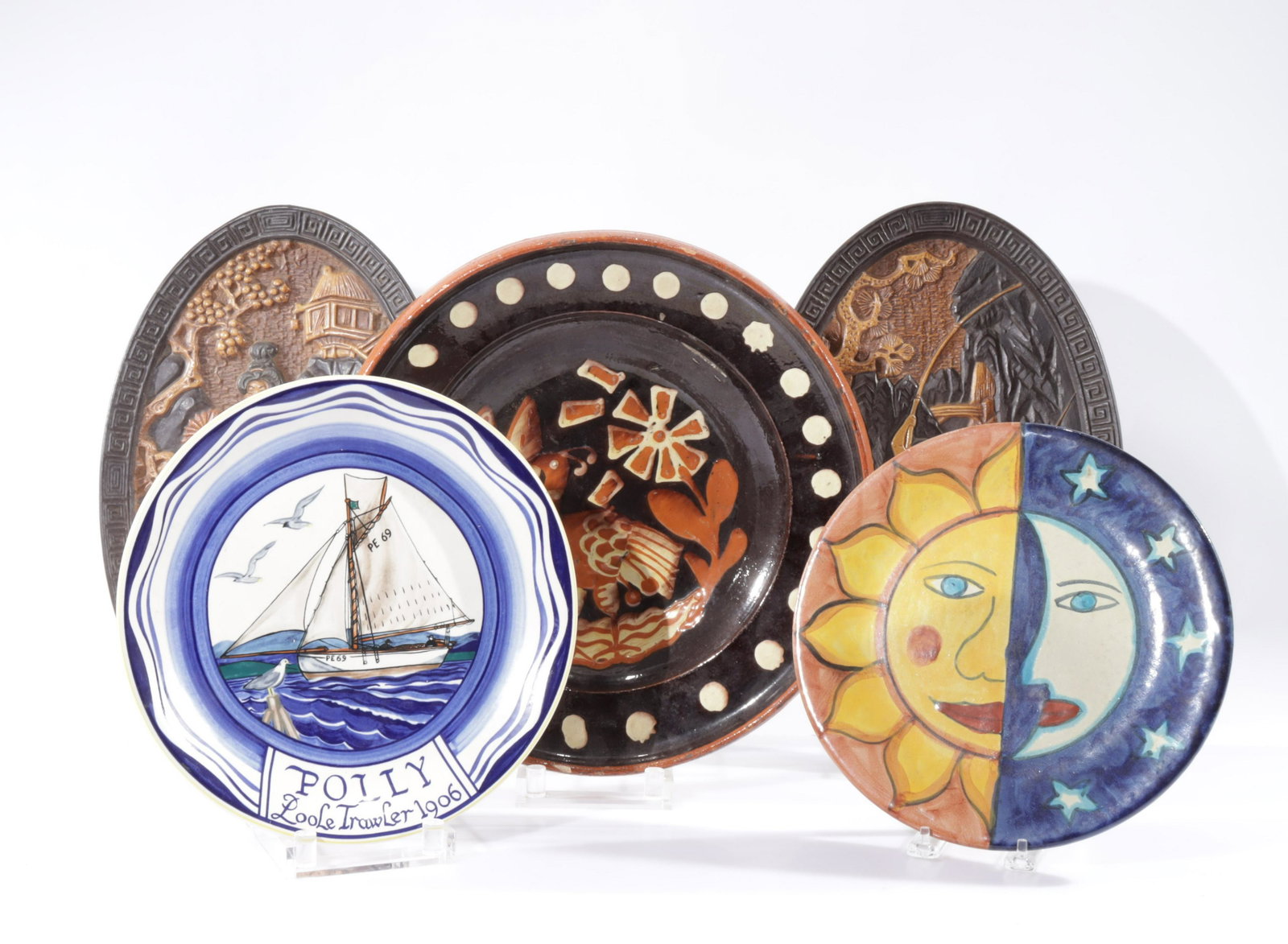 Bretby Pottery Plaques & Platters: Pair Bretby Pottery Plaques & 3 Platters, Poole, Aurora & Primavera Property from the personal collection of Seymour Stein. Largest 15.25" H