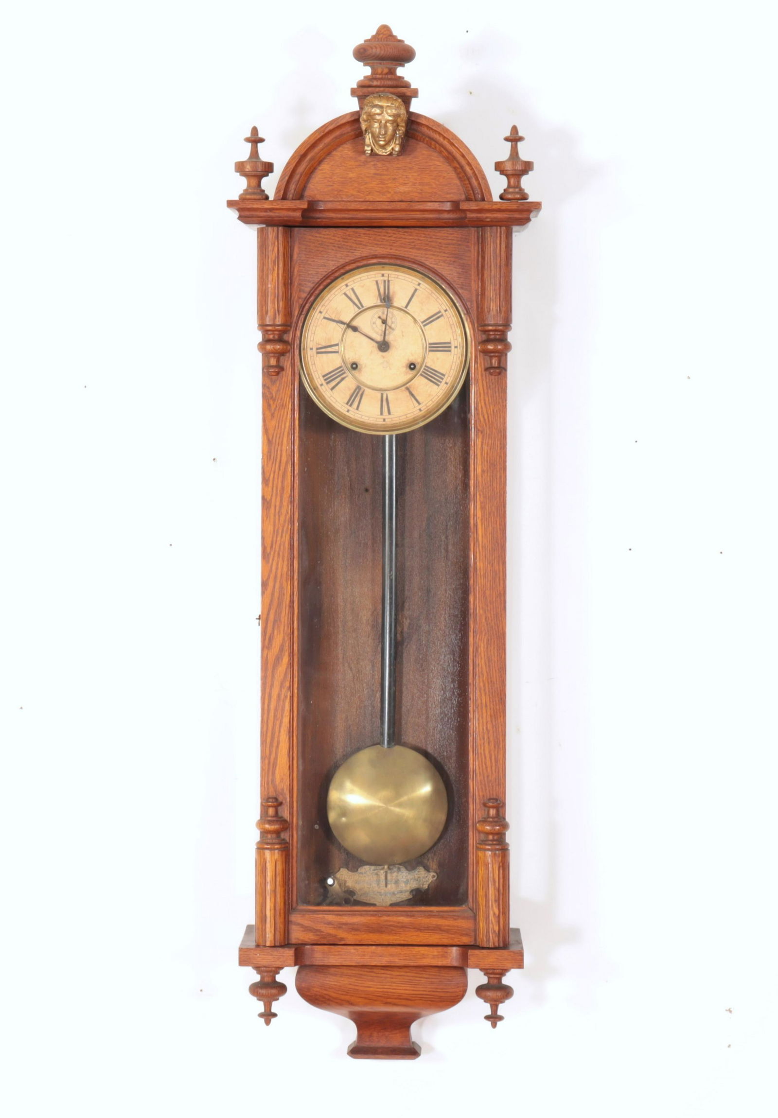 Trade Mark Victorian Wall Clock, 19th C: Trade Mark Victorian Gilt Metal Mounted Oak Wall Clock, Late 19th C., signed Trade Mark A49" H x 13.5" W x 6.75" DProperty from the estate of Ethan F. Parker, Lakeville, CT