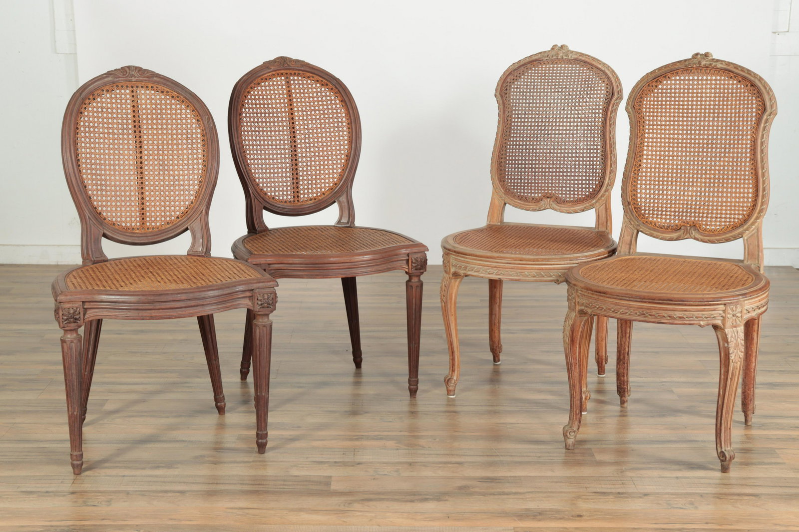 Louis XV/XVI Style Beechwood Chaises: 2 Pair Louis XV/XVI Style Beechwood Chaises, Early 20th C., with caning38" H x 19.5" W x 21" DProperty from the estate of Ethan F. Parker, Lakeville, CT