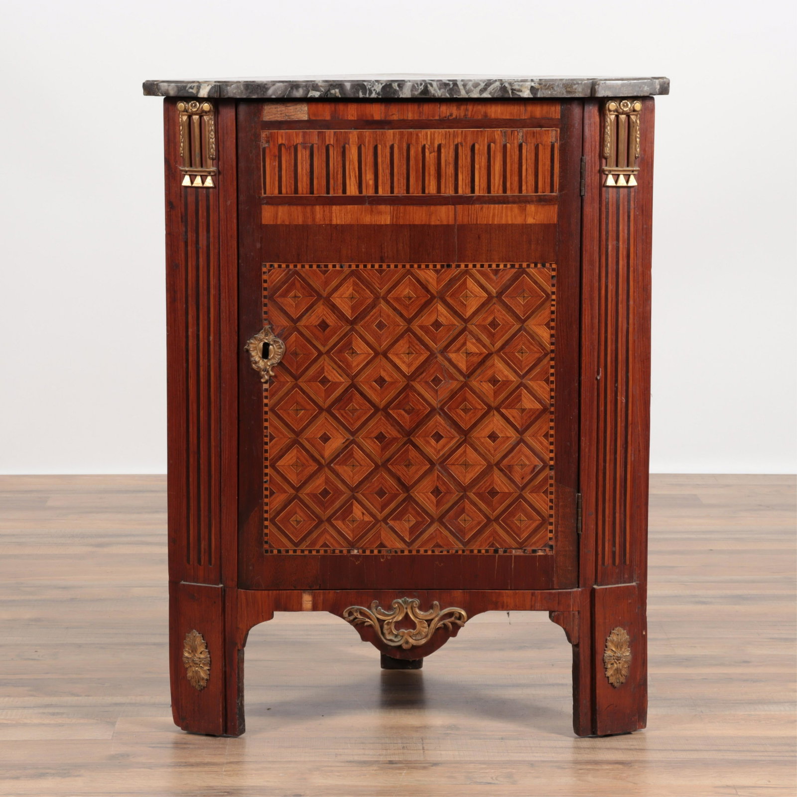 Louis XVI Inlaid Tulipwood Encoignure, 18th C: Louis XVI Inlaid Tulipwood Encoignure, late 18th C 34.5" H x 27" W x 15.75" D Property from the estate of Ethan F. Parker, Lakeville, CT