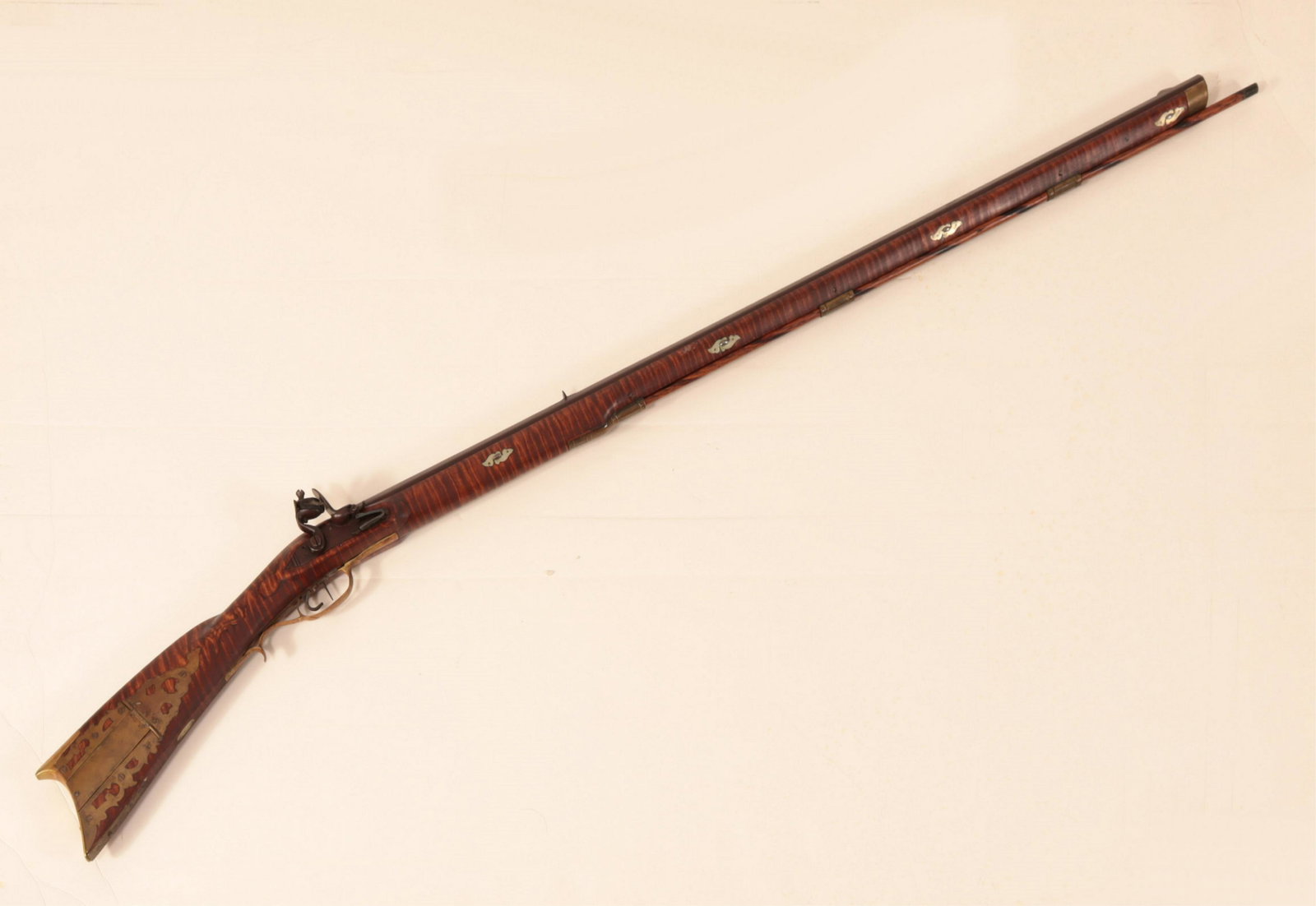 American Tiger Maple Flintlock Rifle, 18th C.: American Tiger Maple Flintlock Rifle, barrel signed J. Roo, possibly Pennsylvania, 18th C.56.5" LProperty from the estate of Ethan F. Parker, Lakeville, CT
