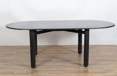 Style of D'Urso Granite Top Dining Table: Possibly by or similar to Joseph D'Urso for Knoll. Two part, top and base. Rectangular black granite top with half round ends, rounded over edge, white or reflective minerals in granite. Base with thi