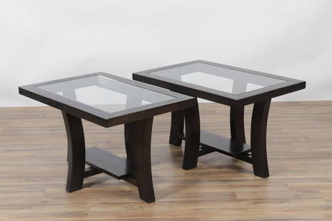 Pair Paul Frankl for Brown Saltman Side Tables: Pair of Paul Frankl for Brown Saltman side tables, c.1940, ebonized oak, with glass, table top, and has a step down design, with a shelf below20 x 22 x 34