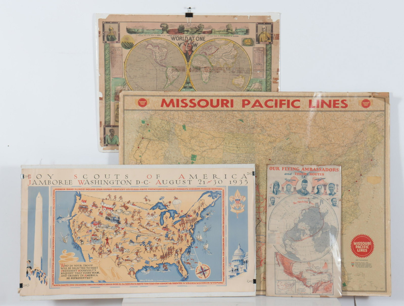 Maps of the US and World: 4 Maps of the US and World, Missouri Pacific Lines, Boy Scouts, Flying Ambassadors Largest 34.75" H x 46.25" W Property from the estate of Seymour Stein (1942 - 2023).