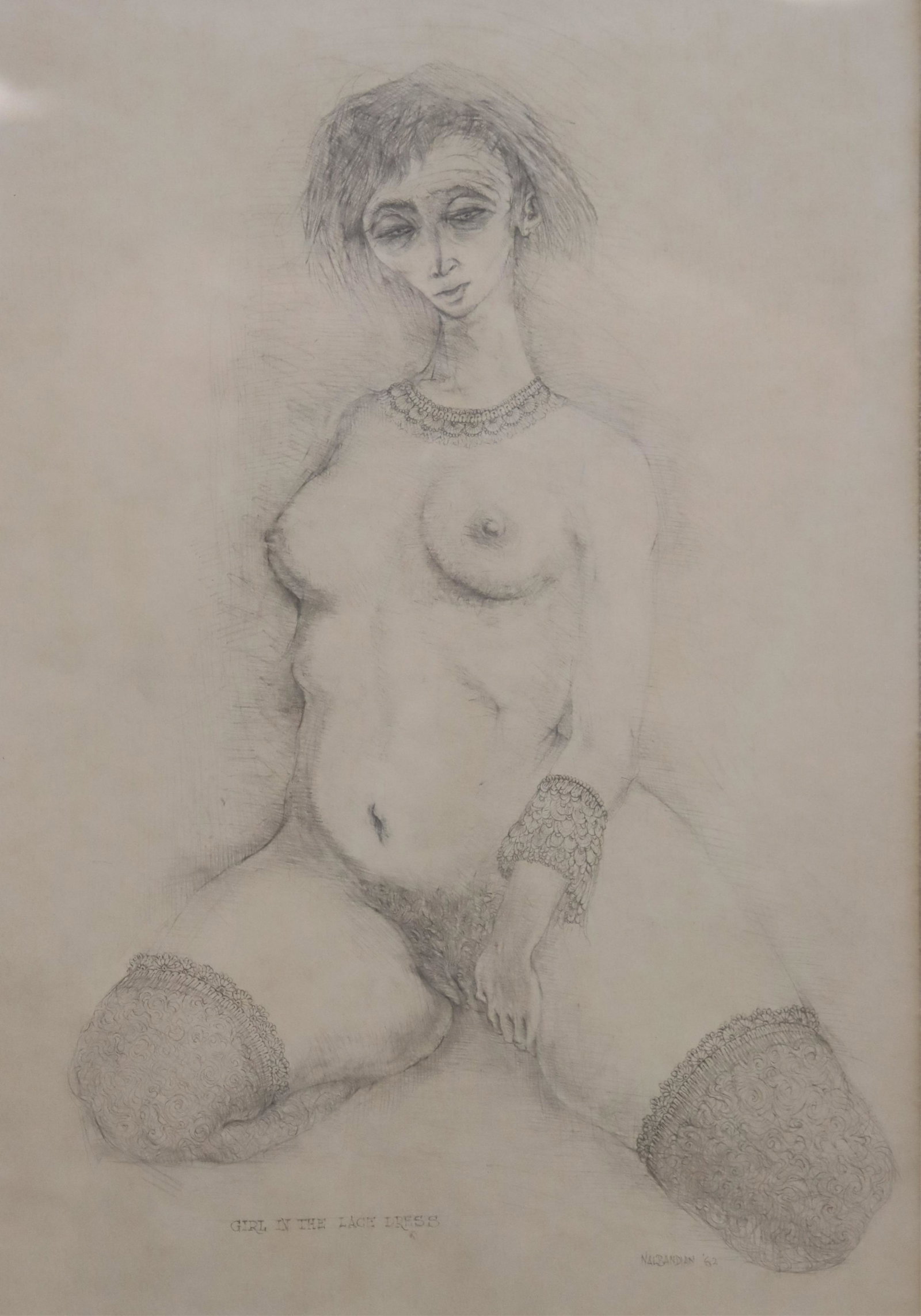 Karnig Nalbandian - Girl in the Lace Dress: Karnig Nalbandian - Girl in the Lace Dress, Pencil on Paper, signed lower right, dated 63 Sight 13.75" H x 9.75" W, Framed 20.75" H x 16.25" W Property from the estate of Ethan F. Parker, Lakeville, C