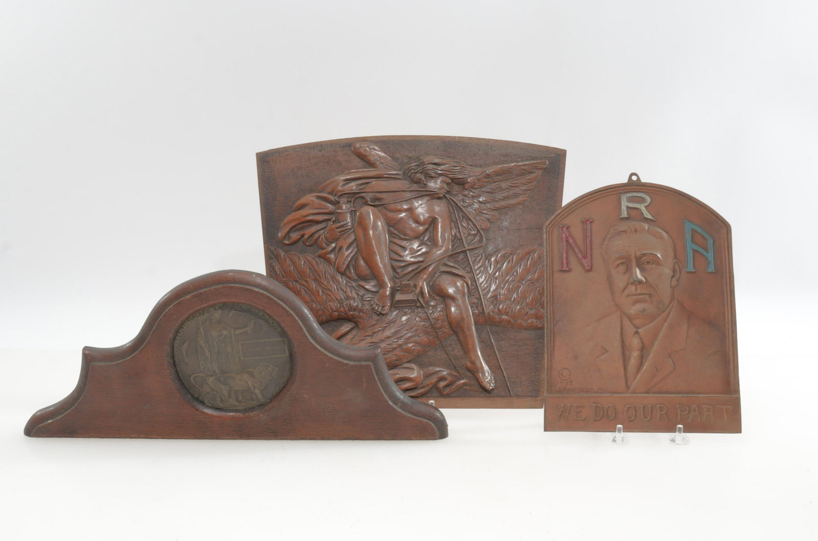 Relief Plaques: 3 Relief Plaques, Steven Rebeck, Noah Fisher & Walnut Largest 11.5" H x 13.25" W Property from the estate of Seymour Stein (1942 - 2023).