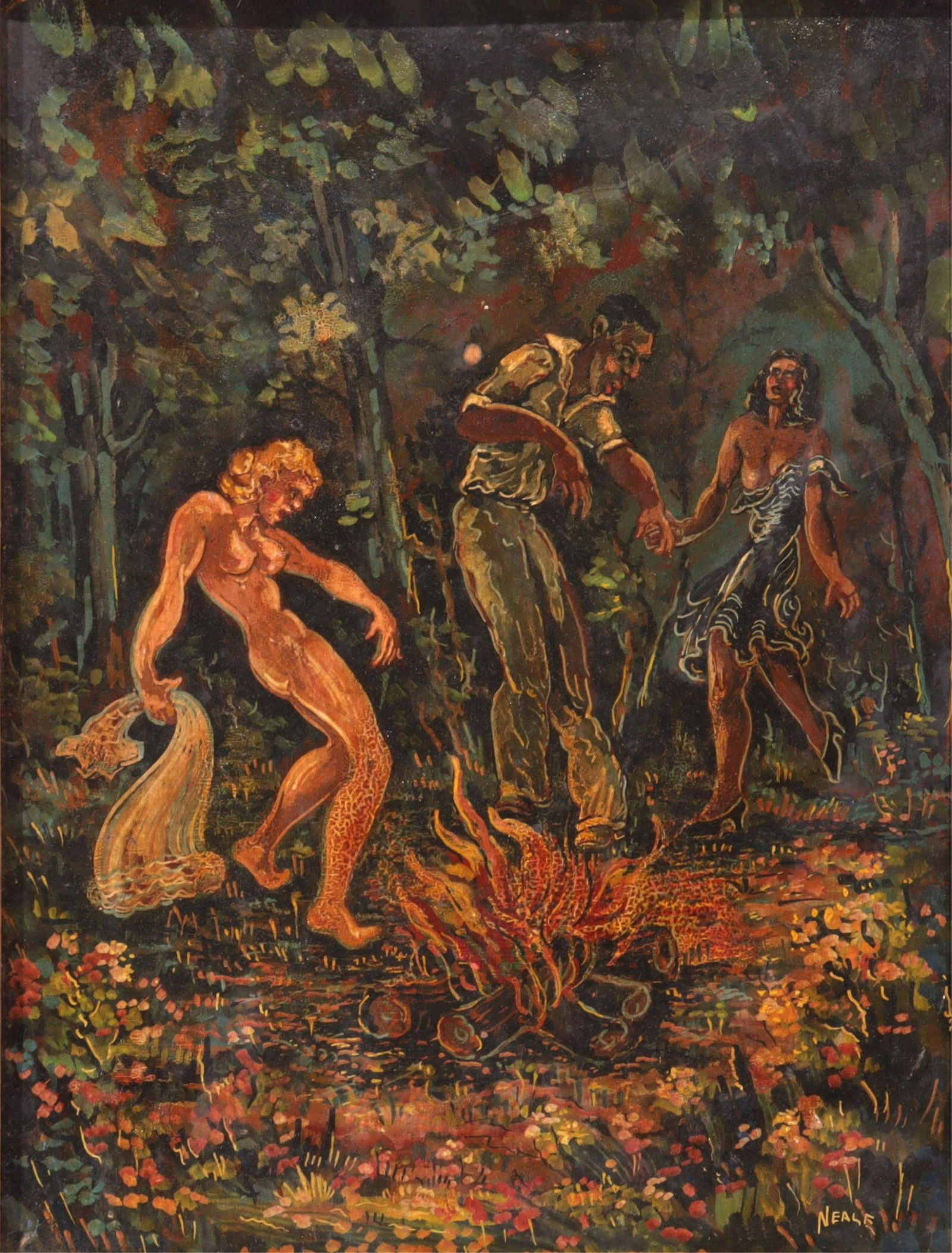 Neale - Forbidden Dancer: Neale - Forbidden Dancer, circa 1950. Oil on masonite, singed lower right. Framed 15.25" H x 10.25" WProperty from the estate of Seymour Stein (1942 - 2023).