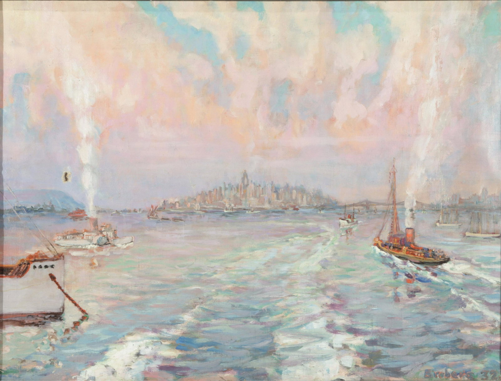Broberg - Vista of New York from Staten Island: Broberg - Vista of New York from Staten Island, O/C, signed and dated 32 lower right Sight 17.5" H x 23.5" W, Framed 20" H x 25.75" W Property from the estate of Seymour Stein (1942 - 2023).
