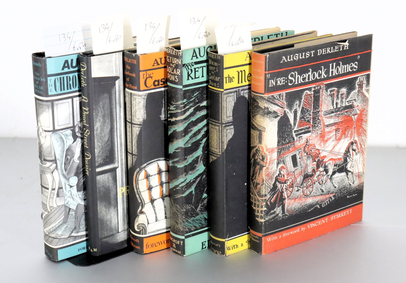 DERLETH. "In Re: Sherlock Holmes": MYCROFT & MORAN. - August DERLETH. "In Re: Sherlock Holmes" The Adventures of Solar Pons. Sauk City, WS: 1945. Octavo. Cloth, spine gilt, dust-jacket (backstrip slightly soiled). Provenance: King Lawr