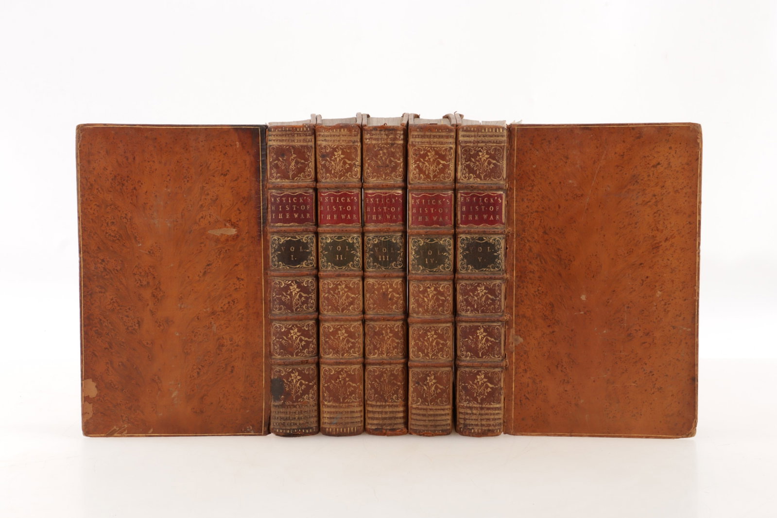 ENTICK. The General History of the Late War, 1779: John ENTICK. The General History of the Late War ... Fourth Edition. London: 1779. 5 volumes, octavo. Title in red and black, 49 engraved plates and maps. Contemporary tree calf, spines gilt (spines c