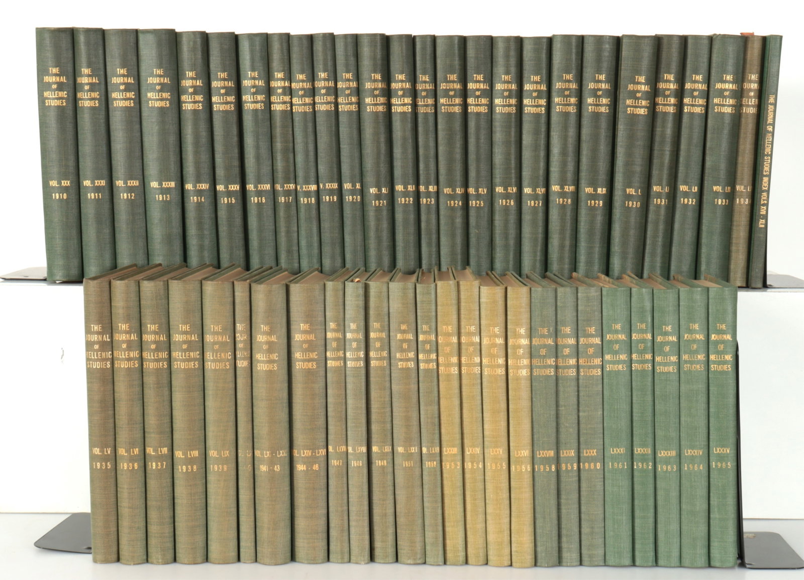 JOURNAL of HELLENISTIC STUDIES 1910-1965: Hardcover, London, 1910 through 1965, volumes 30-85, green cloth, 51 volumes.