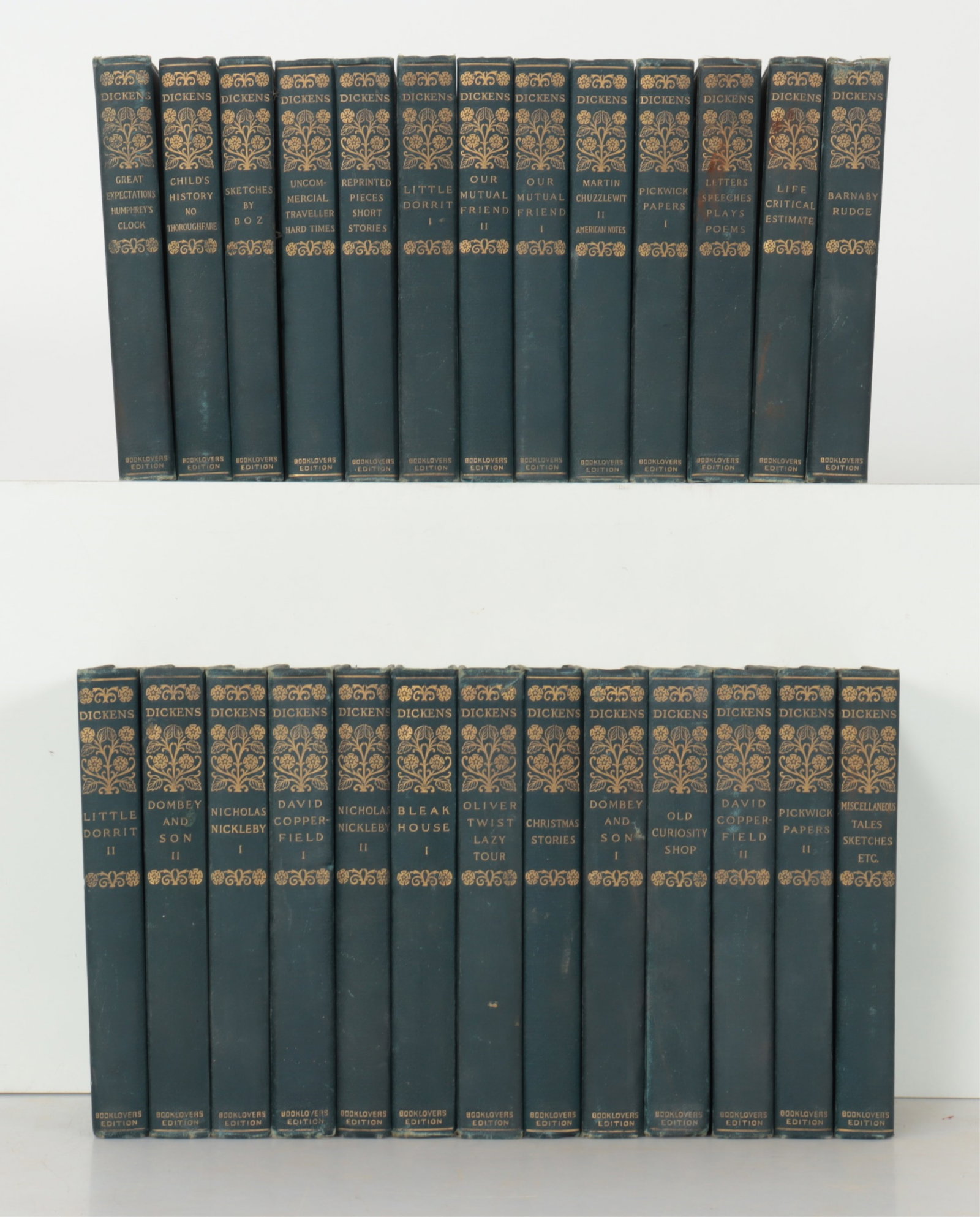 26 VOLUMES DICKENS: Dickens works, 26 volumes, gilt embossed green cloth, 1908, illustrated.