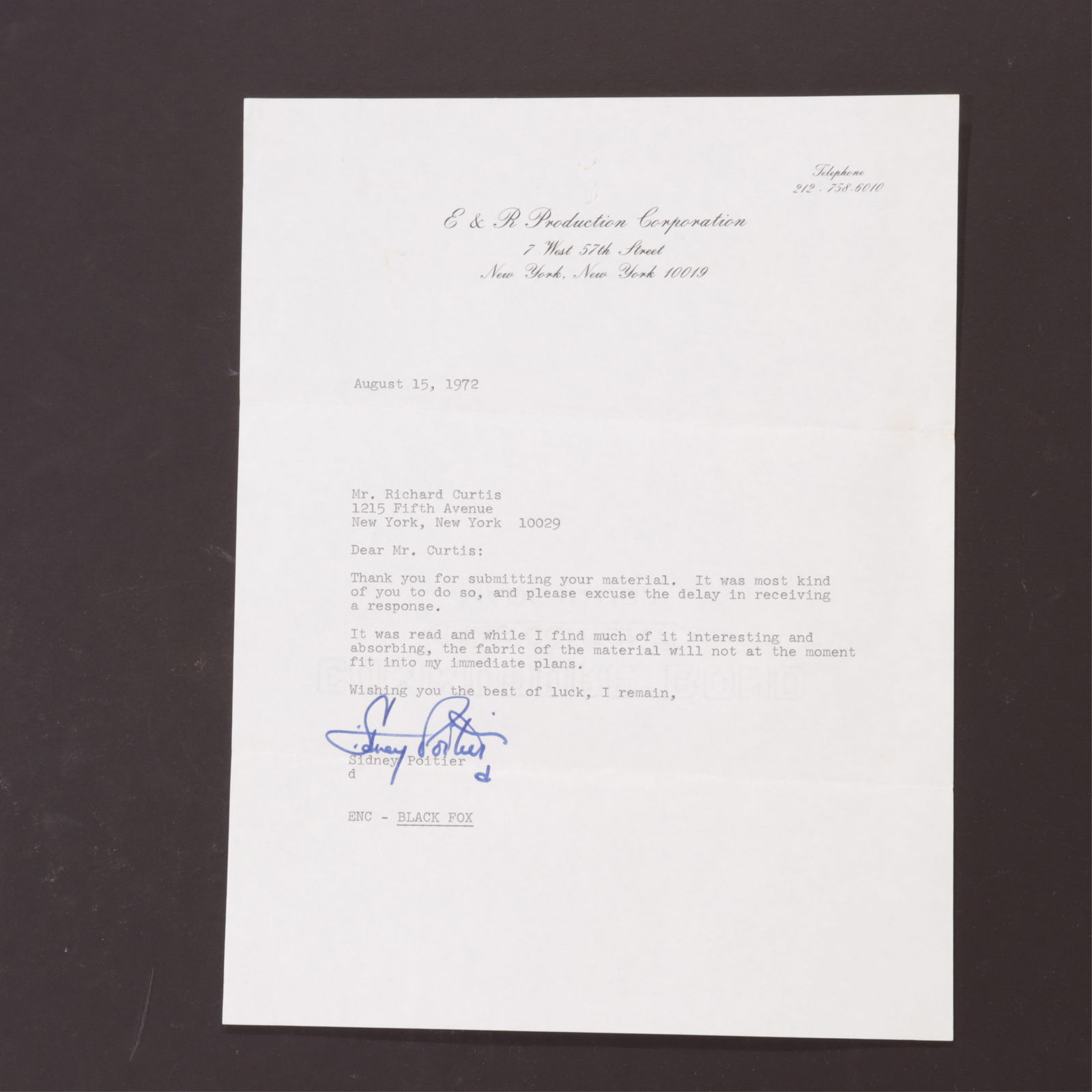 SIDNEY POITIER LETTER TO MATT BRAUN AGENT (1 of 2)
