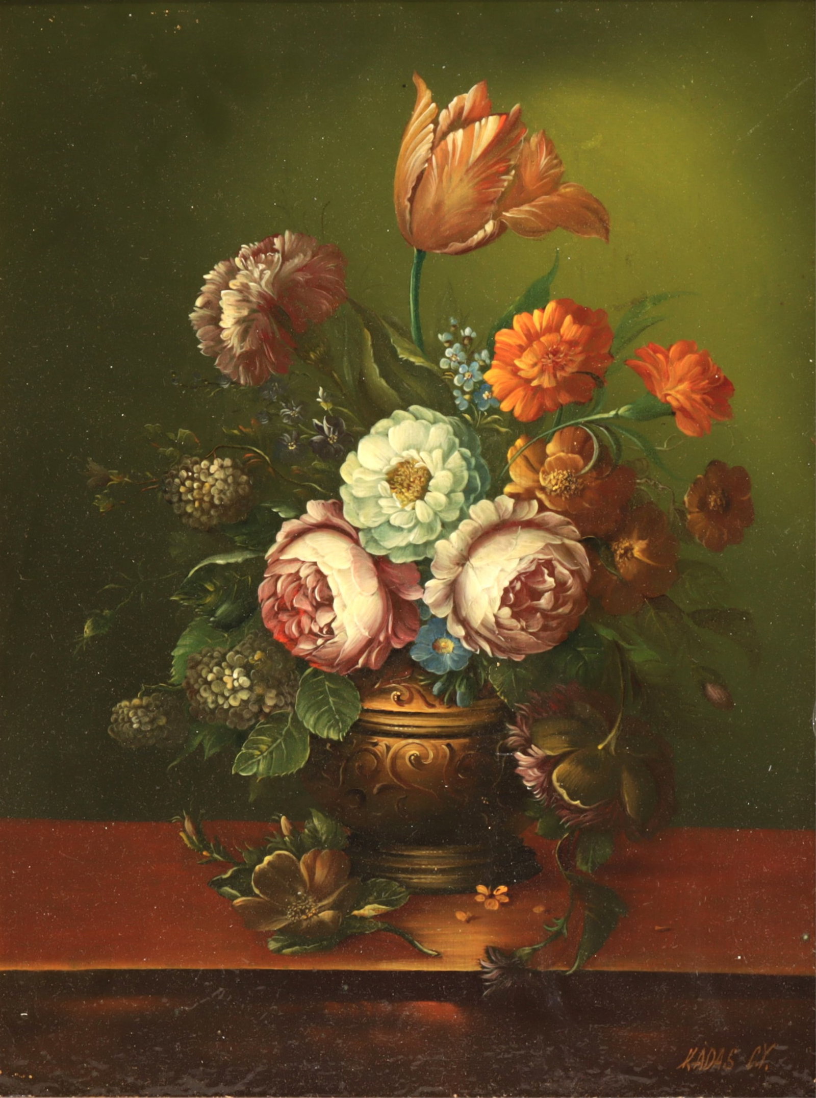 Gyula Kadas - Baroque Style Floral Arrangement: Gyula Kadas (Hungarian, b 1939) Baroque Style Floral Arrangement, oil on board. Signed lower right. 16 x 12" framed 19.25 x 15.25"