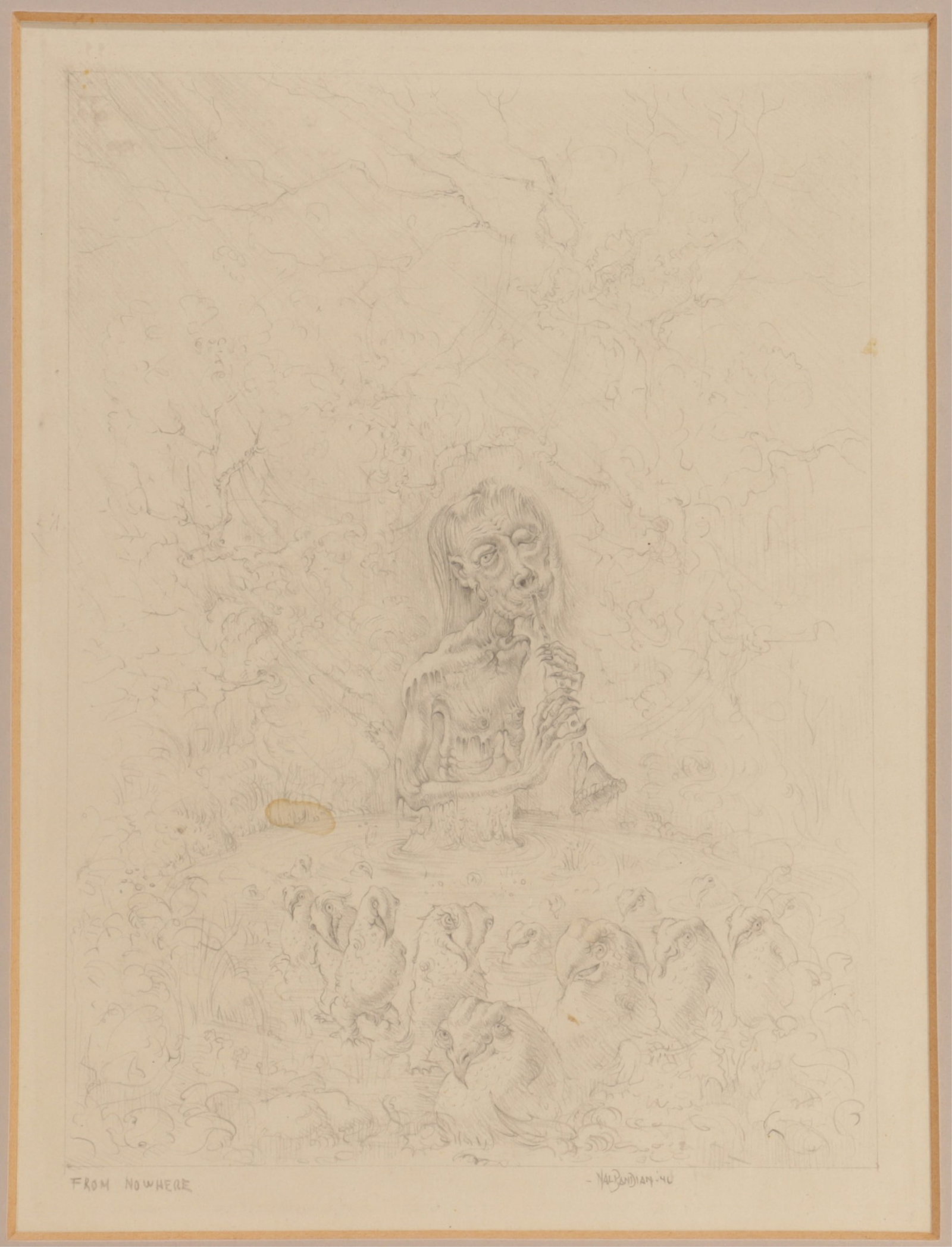 Karnig Nalbandian - From Nowhere: Karnig Nalbandian(American, 1916 - 1989) From Nowhere, signed and dated 46 lower right. Etching on paper. Image 9" x 7" framed 13.75" x 11.25"
