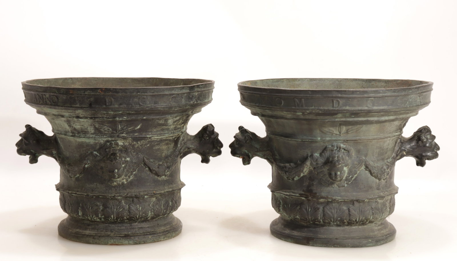 Pair of Baroque Bronze Urns: Pair of Baroque bronze urns. Georgius Massochus Facit Anno MDCCXXI 11" H x 13.5" diam
