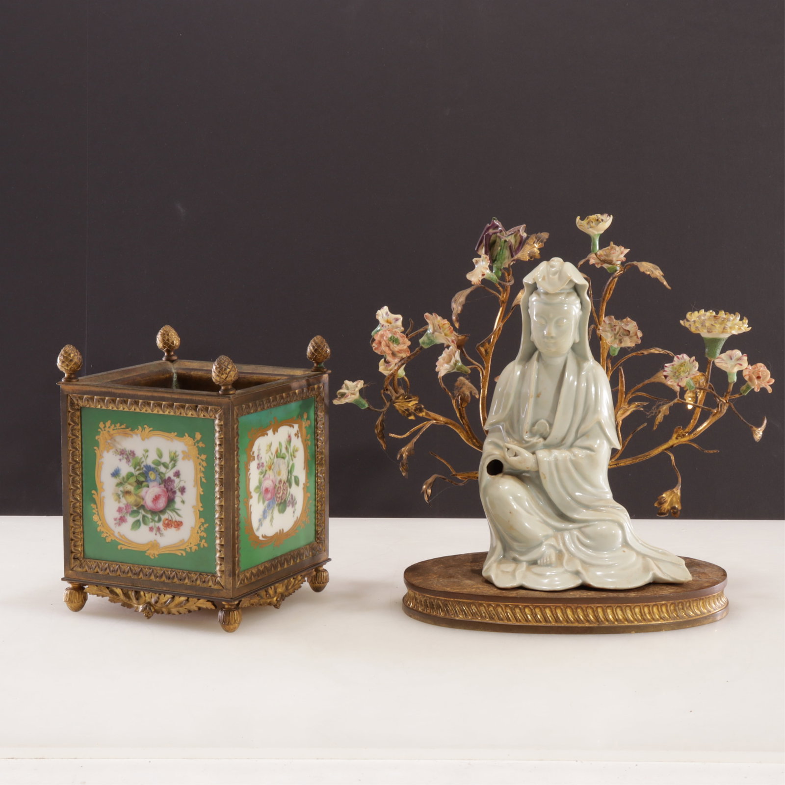 Ormolu Mounted Jardiniere & Blanc de Chine Figure: Ormolu Mounted Jardiniere & Blanc de Chine Figure. Late 19th or early 20th century.Larger 11" H