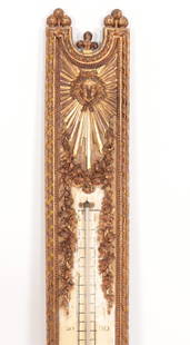 Large Louis XVI Style Giltwood Thermometer: Large Louis XVI Style Giltwood Thermometer, late 19th C. Indistinctly signed.75.5" H x 6.25" W