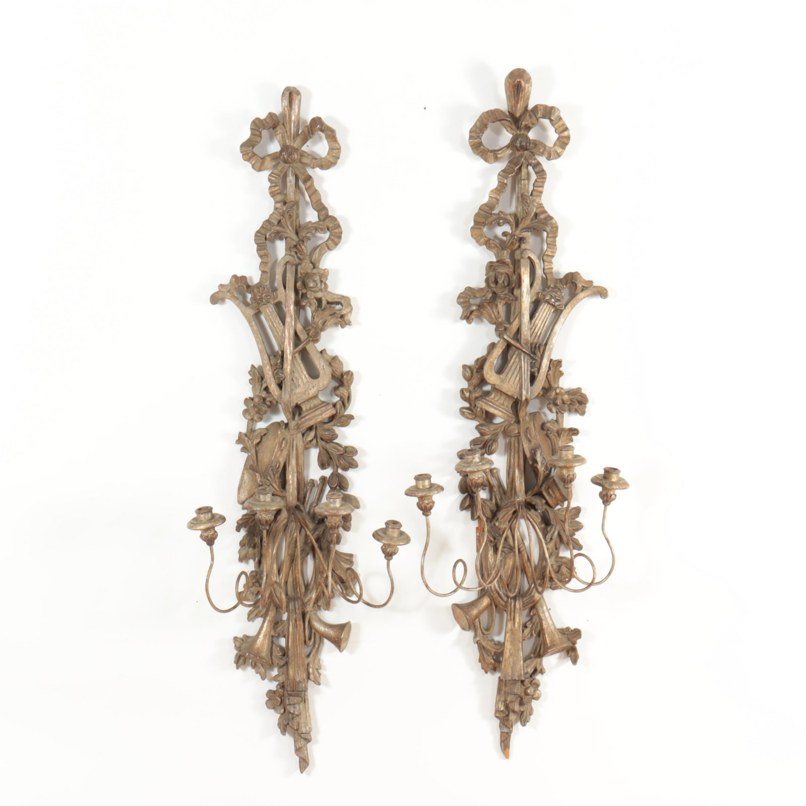 Pair of Louis XVI Style Silvered Scones: Pair of Louis XVI Style Silvered Scones, 3-light 19" H x 15.75" W