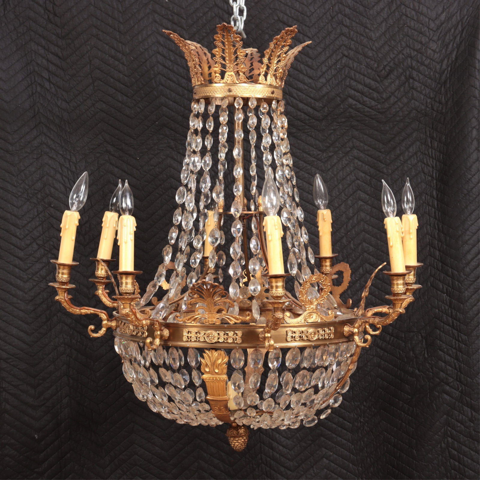 Empire Style Brass & Cut Glass Chandelier: Empire Style Brass & Cut Glass Chandelier, 8 light 31.5" H x 29" diam