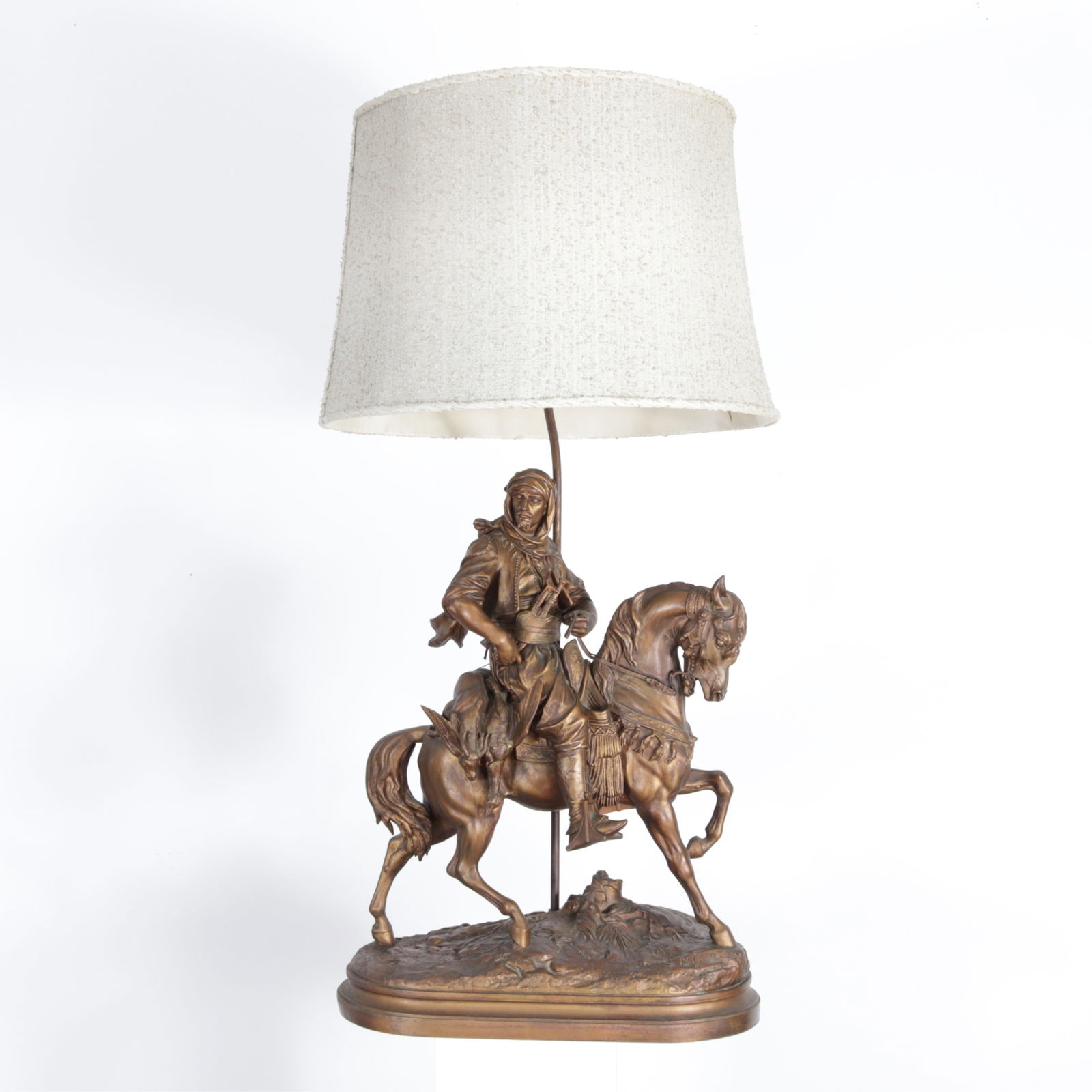 Aftr. Barye & Guillemin - Arab Warrior Lamp: After Alfred Barye "Le Fils" (French, 1839 - 1882) and Emile-Coriolan Guillemin (French, 1841 - 1907). The Arab Warrior Knight on Horseback, cast metal lamp.Overall 49" H x 24" W x 11.5" D. Shade diam