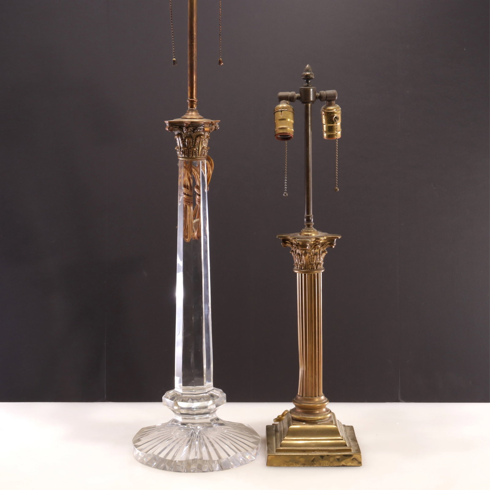 Baccarat Style Glass Lamp & Brass Lamp: Baccarat Style Glass and Brass Lamp together with another Brass Lamp Larger 37" H