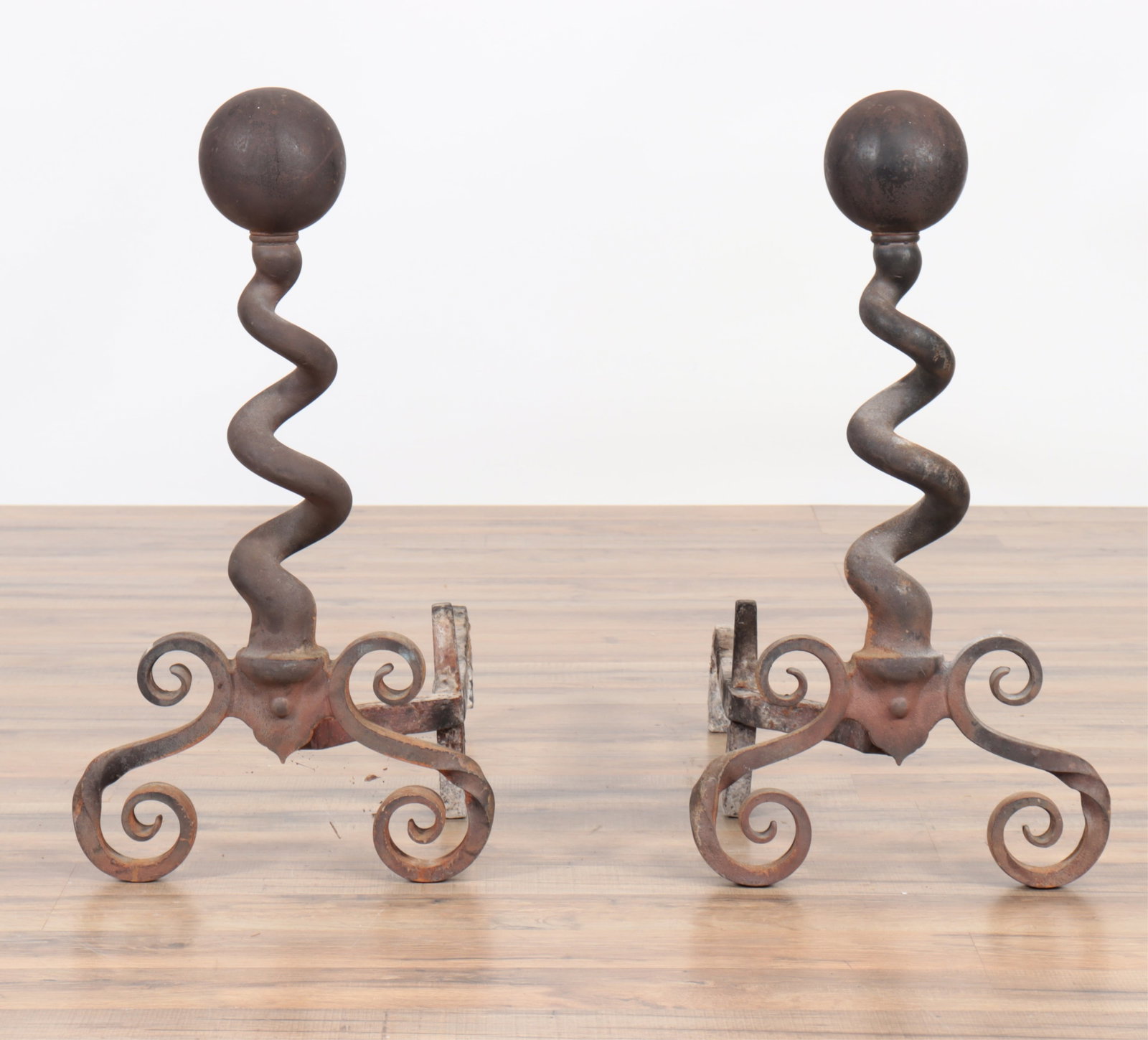 Pair of Baroque Style Barley-Twist Andirons: Pair of Baroque Style Barley-Twist Iron Andirons 23" H
