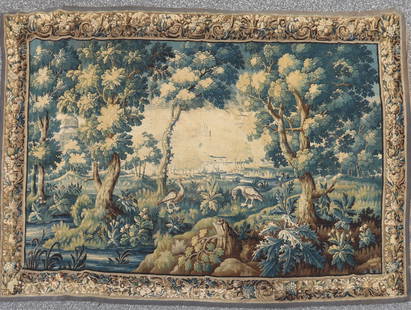 Flemish Baroque Tapestry, 18th C: Flemish Baroque Tapestry, 18th C. Wooded landscape with birds and castles.110" H x 156" W