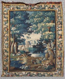 Flemish Baroque Tapestry, 18th C: Flemish Baroque Tapestry, 18th C. Depicting castles in wooded landscape.109" H x 73.5" W