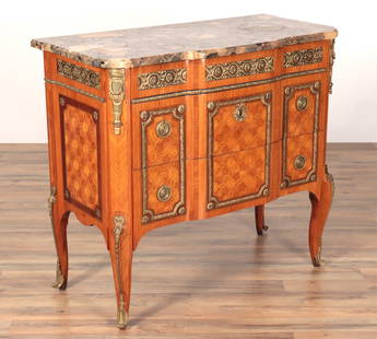 Godefroy Dester, Louis XV Tulipwood Commode: Louis XV/XVI Ormolu Mounted Tulipwood & Parquetry Commode, circa 1770. Twice stamped G. Dester JME Godefroy Dester Maitre in 1774.34.5" H x 37" W x 18.25" D