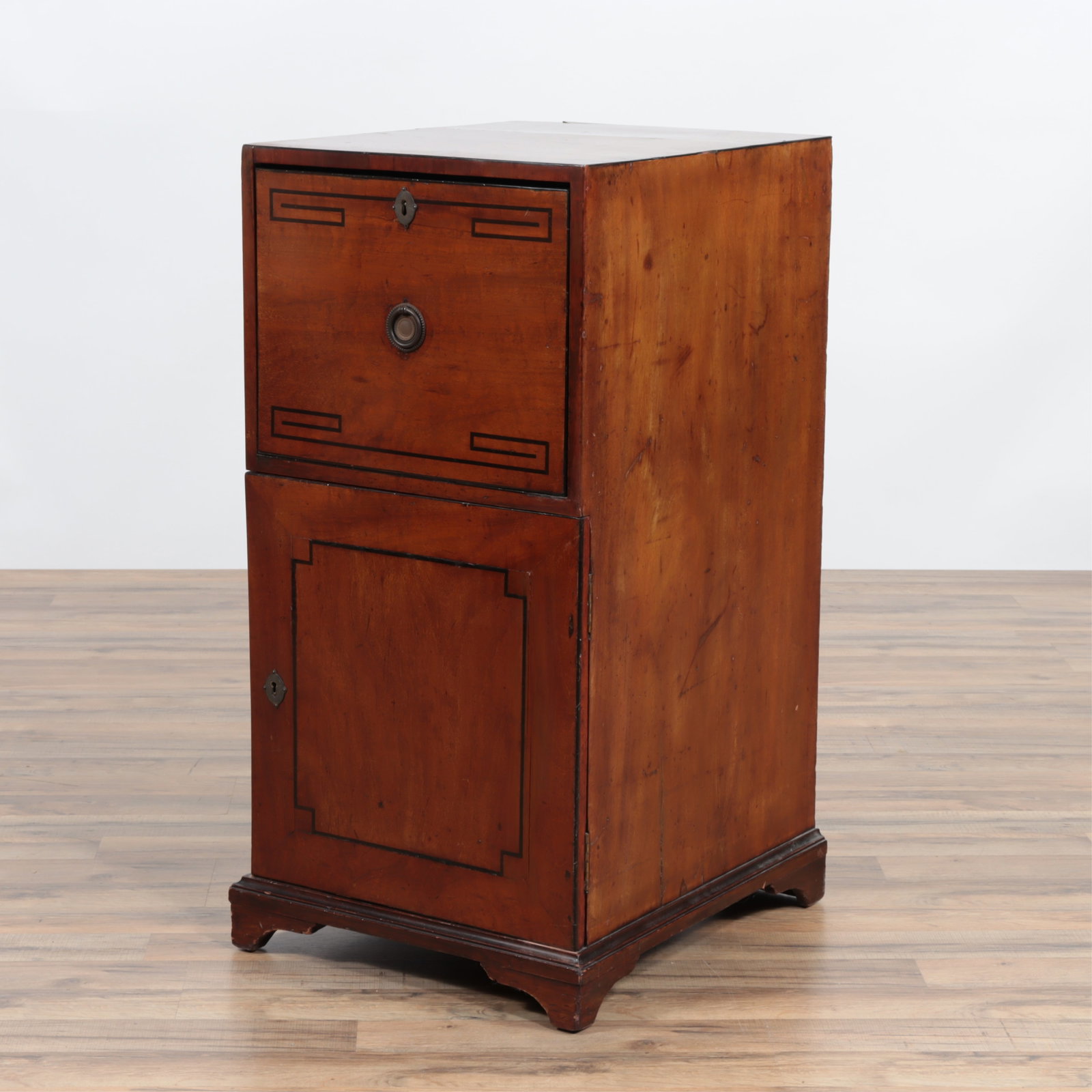 Regency Inlaid Mahogany Pedestal Cabinet: Regency Inlaid Mahogany Pedestal Cabinet, early 19th century 37" H x 18" W x 21.25" D