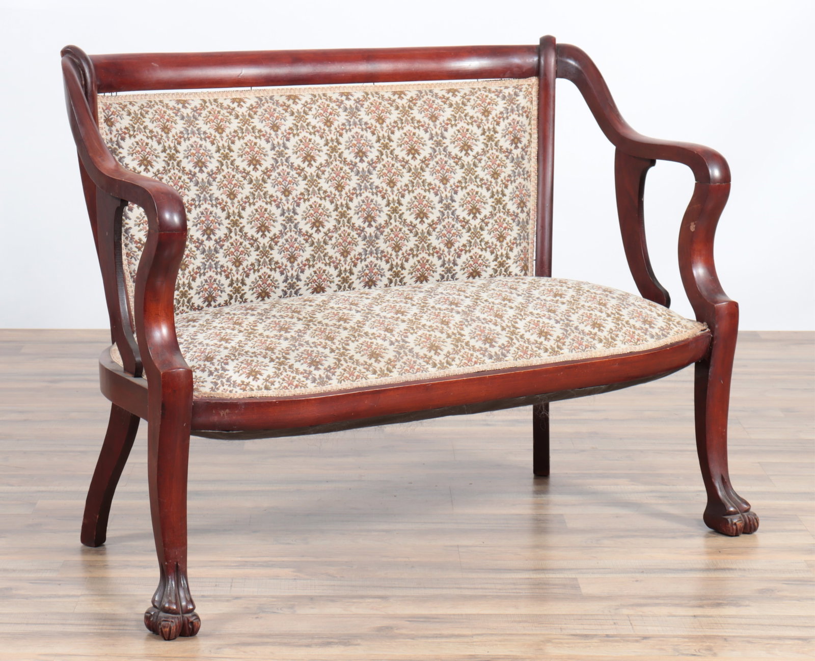 Classical Mahogany Loveseat: Classical Mahogany Loveseat, late 19th C. Upholstered in damask. 34.75" H x 46" W x 22" D
