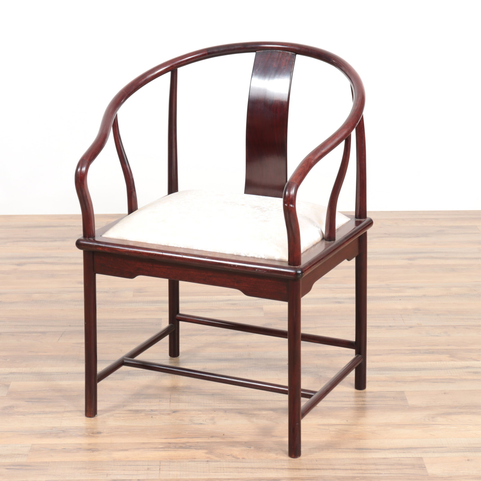 Chinese Style Mahogany Yoke Back Armchairs: Chinese Style Mahogany Yoke Back Armchairs, upholstered in silver and gold embroidered fabric 35.25" H x 25.5" W x 23" D