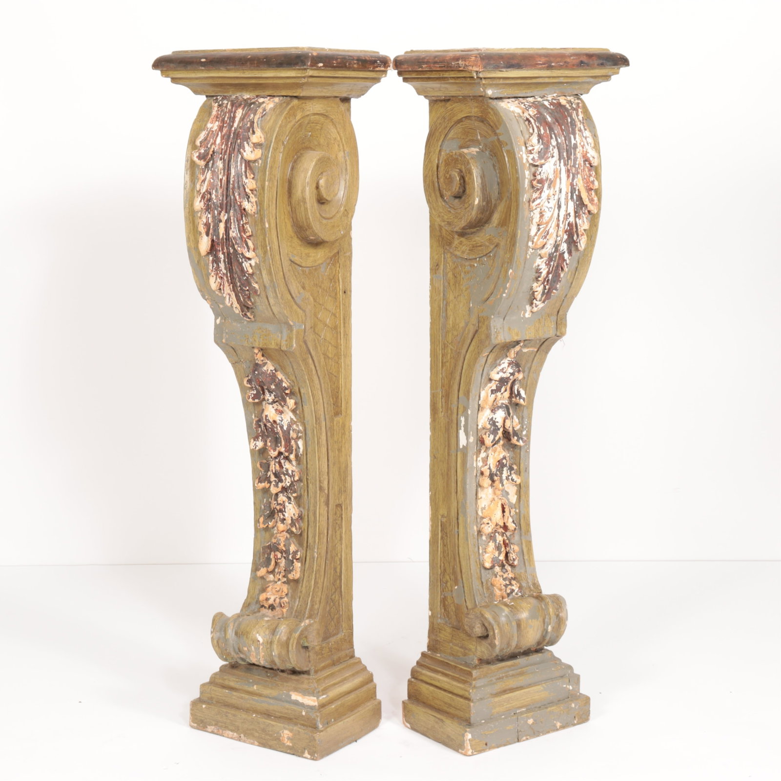 Pair of Baroque Style Green Painted Pedestals: Pair of Baroque Style Green Painted Pedestals, early 20th C 48" H x 13.5" W x 10" D