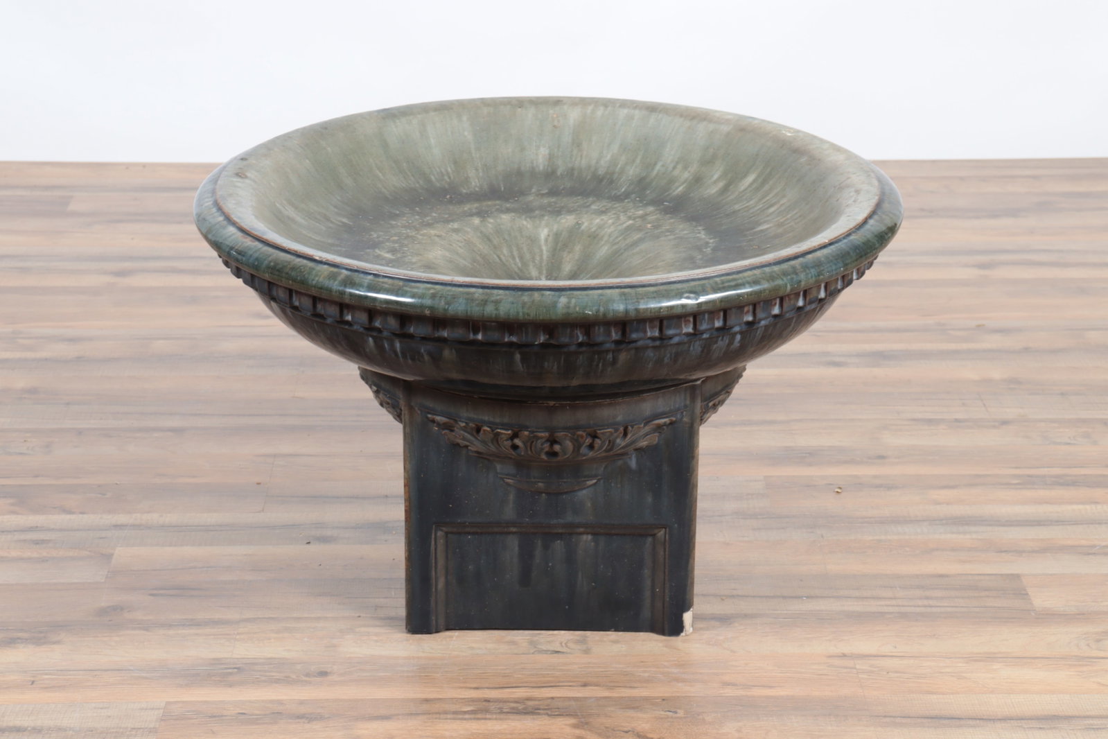 English Blue Flambe Glazed Bird Bath: English Blue Flambe Glazed Bird Bath, on stand, possibly Royal Doulton 18" H x 29.5" W