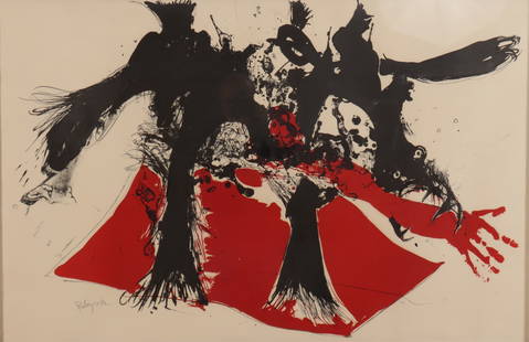 Paul Rebeyrolle - Black, Red Abstract Lithograph: Paul Rebeyrolle (French, 1926 - 2005). Black and red abstract lithograph on paper. Signed lower left in graphite. Black and silver painted wood moulding frame.sight 30.25 x 46.25framed 38.5 x 55From