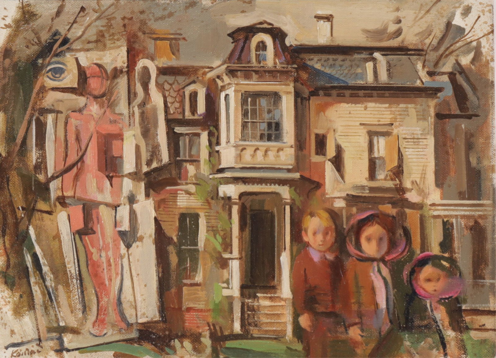 Adolf Ferdinand Konrad - House - O/B: Adolf Ferdinand Konrad, American, New Jersey, 1915-2003, (Surrealism) House, oil on masonite, signed lower left. Note: Arnold and Dora Stern were collectors of Outsider, Tramp and American Folk Art, C