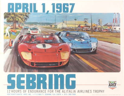 TURNER - 12 Hours of Sebring - 1967 - Poster: 12 Hours of Sebring 1967 original event poster by Michael Turner, British,. 1935. Shown is race car No. 1 - the 1966 race-winning Shelby American entered Ford GT 40 X1, chassis No. GT/110, driven by K