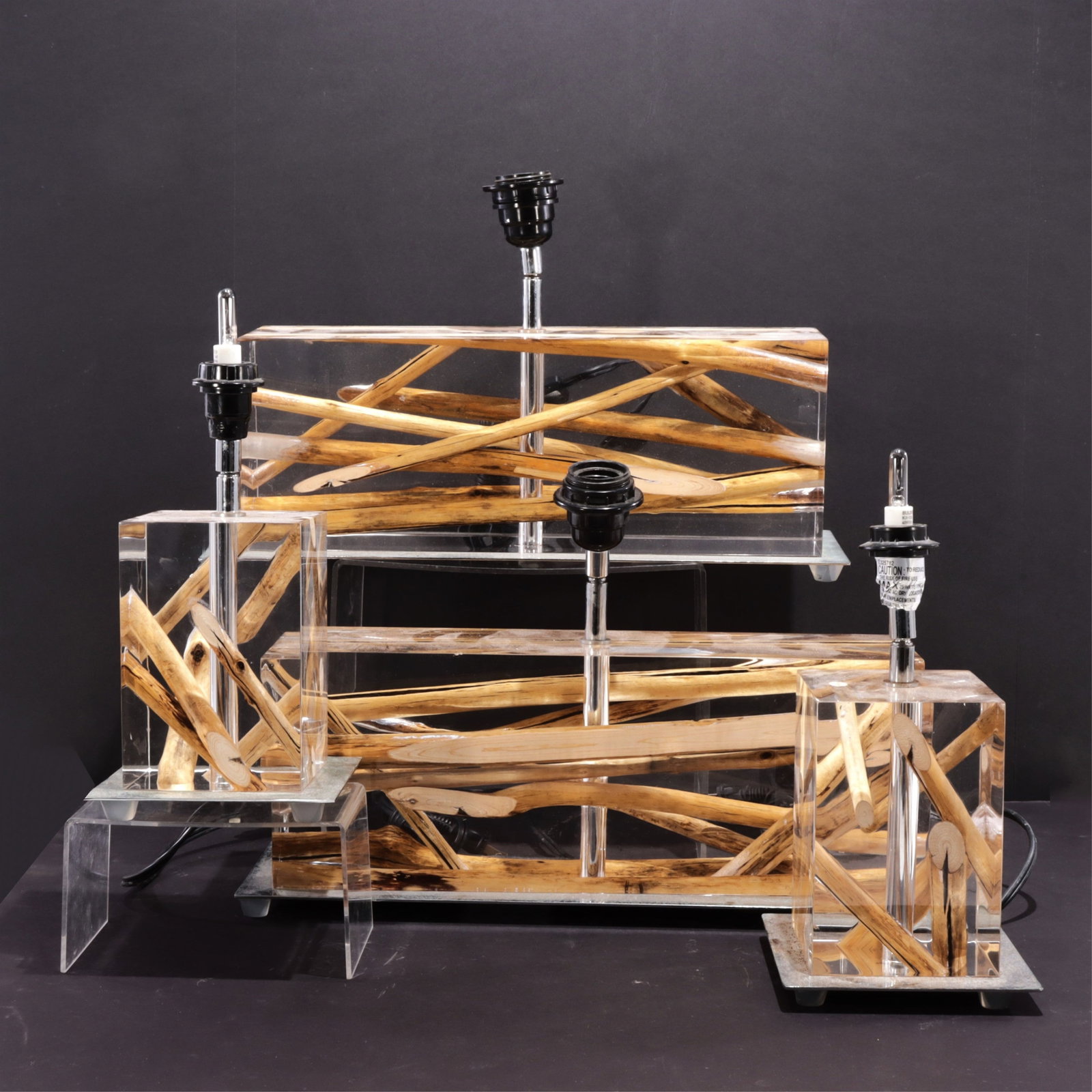 2 Pairs Michael Dawkins Branch Lamps: 2 Pairs of Michael Dawkins Kisimi branches in acrylic mounted onto metal base 10" to socket,17 1/4 Wand 10" to socket and 5 1/2"W Collection from a Hamptons Long Island New York Home